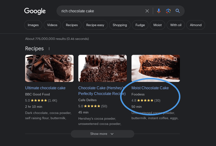 Schema markup in DropInBlog - rich snippets example