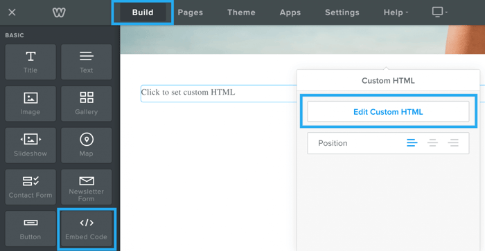 Dragging an Embed Code block onto a Weebly site