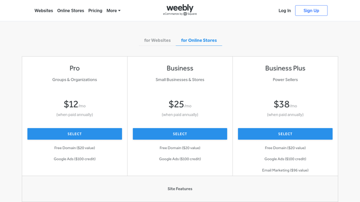 weebly pricing for online stores