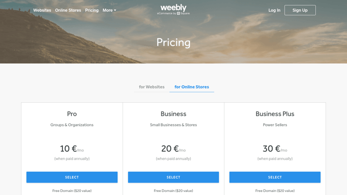 Weebly EU Online store prices