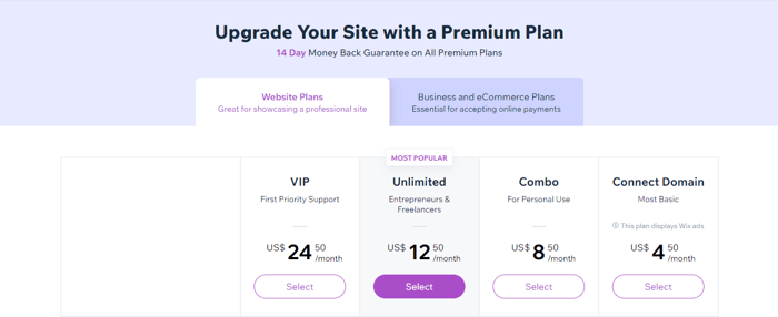 Wix website plans