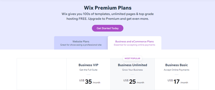 Wix business plans - Wix vs Squarespace