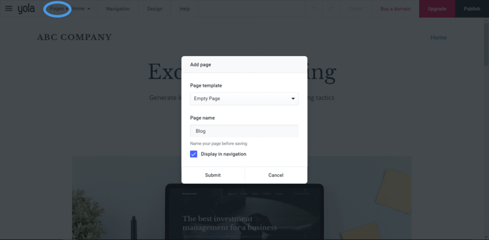 How to create a blog on Yola - Yola add page DropInBlog
