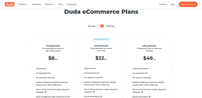 Duda ecommerce pricing