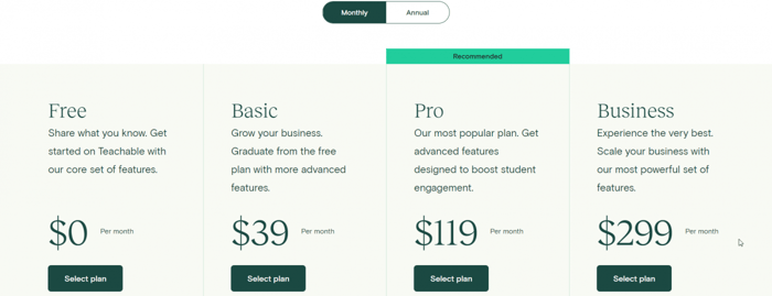 Teachable pricing plans