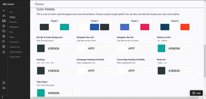 Teachable theme color palette