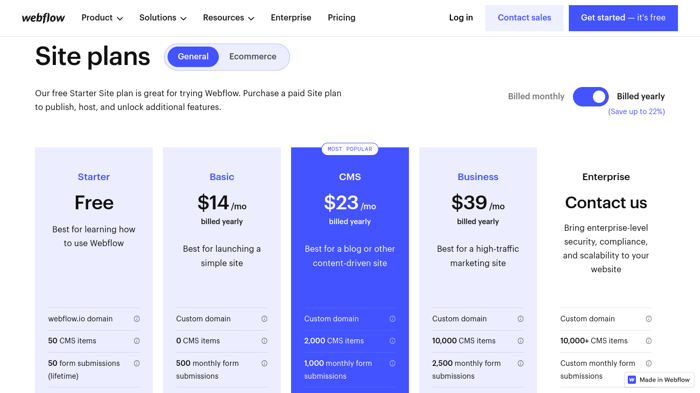 Webflow pricing: general plans