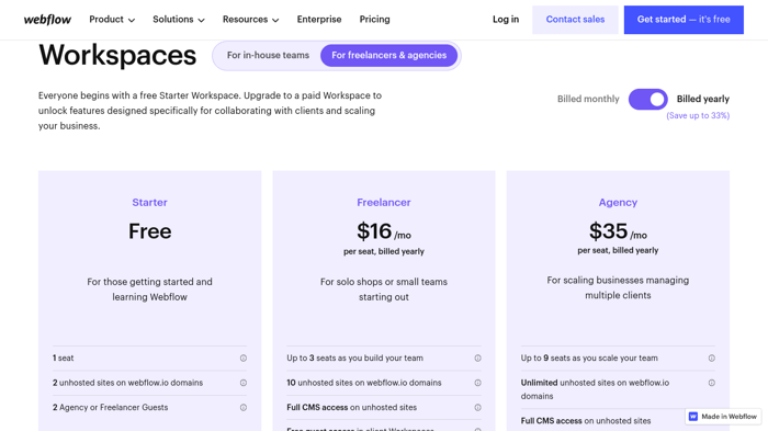 Webflow freelancer plans