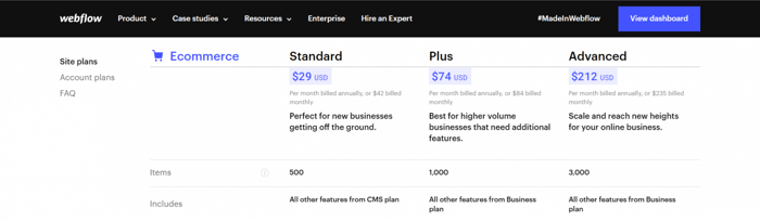 Webflow ecommerce pricing plans