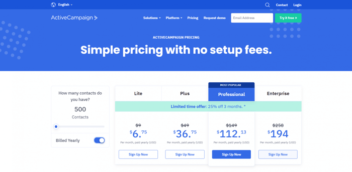 ActiveCampaign pricing plans annual fees