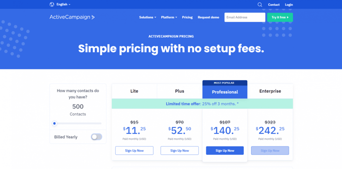 ActiveCampaign pricing plans monthly fees