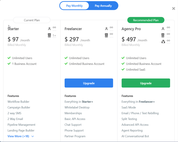 HighLevel pricing plans