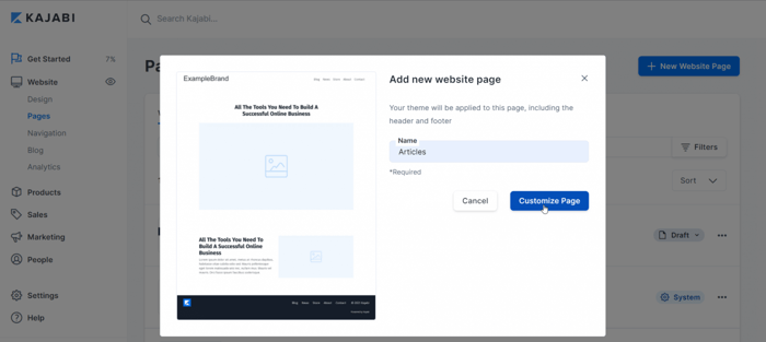 Kajabi add new website page customize page