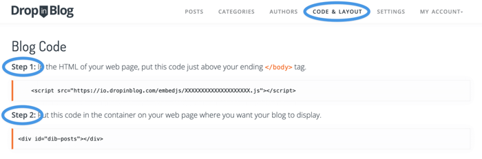 DropInBlog step 1 and step 2 code 