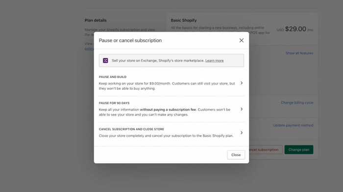 Shopify cancel subscription and close store
