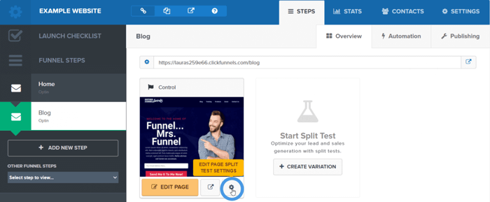ClickFunnels edit page split test settings