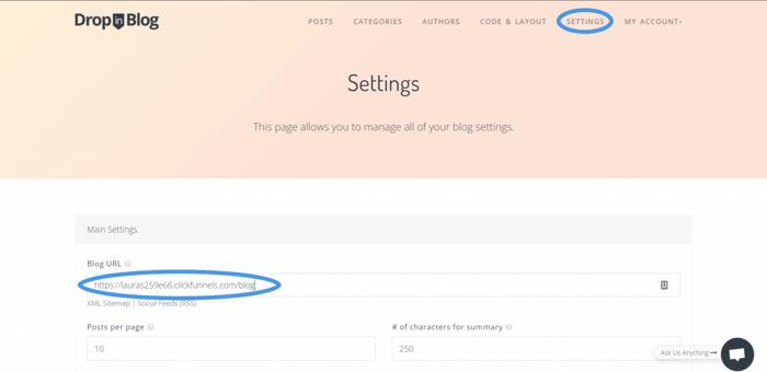 Dropinblog settings blog url