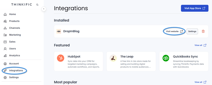 Accessing your DropInBlog blog account from Thinkific