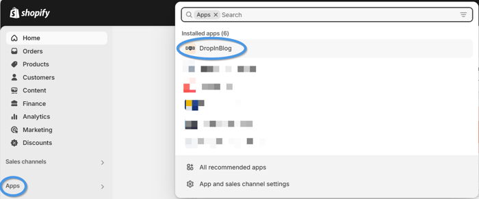 Access the DropInBlog app from your Shopify dashboard