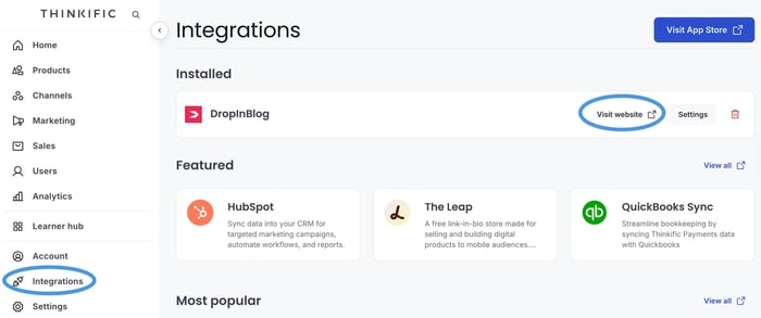 Accessing your DropInBlog account from your Thinkific dashboard