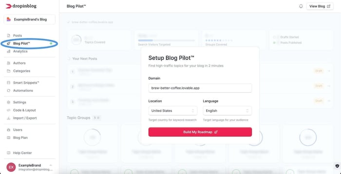 Accessing Blog Pilot™ from within the DropInBlog editor