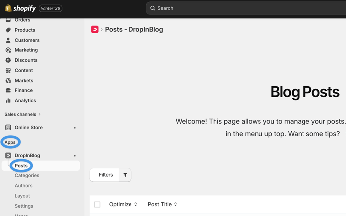 Open Posts tab in the DropInBlog Shopify app