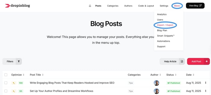 Accessing the Import/Export tool in DropInBlog