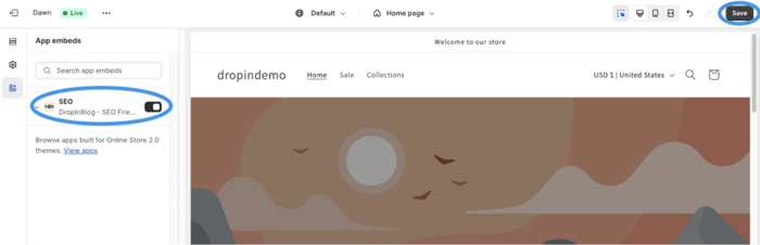 Activate DropInBlog extensions in Shopify