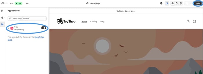 Activate DropInBlog extensions in Shopify