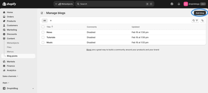 Add Blog button in Shopify