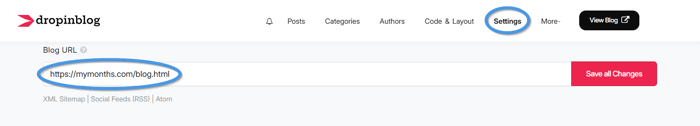 Add a blog to an HTML/CSS website: Paste your blog URL to DropInBlog's Settings page