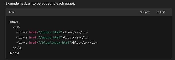 Example navigation setup for a hand-coded site