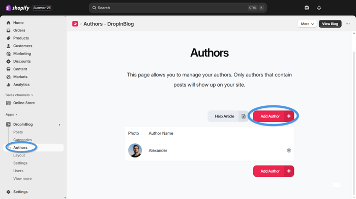 Add authors to Shopify with DropInBlog