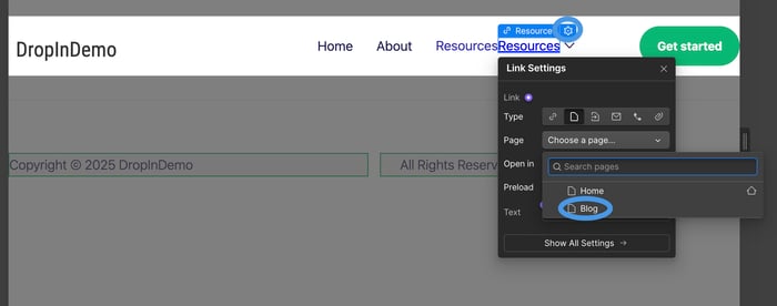 Navigation link settings for a Webflow blog