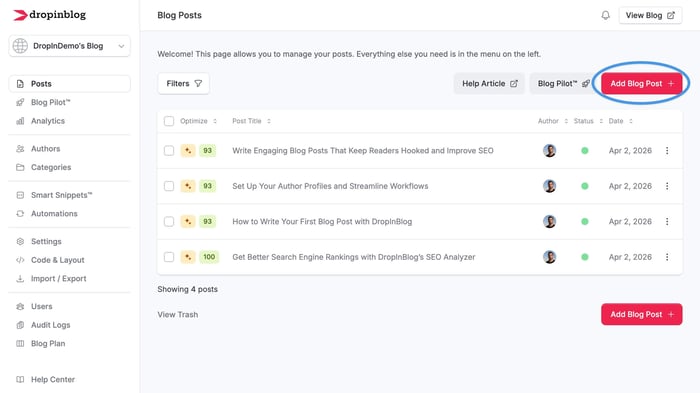 DropInBlog dashboard: Add a new blog post