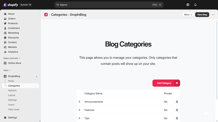 Add Categories to Shopify Store using Dropinblog