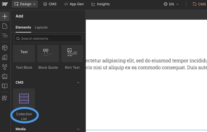 Adding a Collection List from within Webflow's Designer