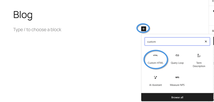Add Custom HTML block to a new WordPress page
