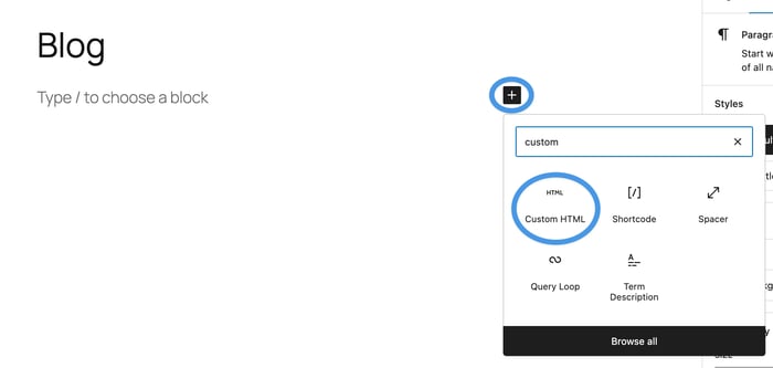 Add a Custom HTML block to a new WordPress page
