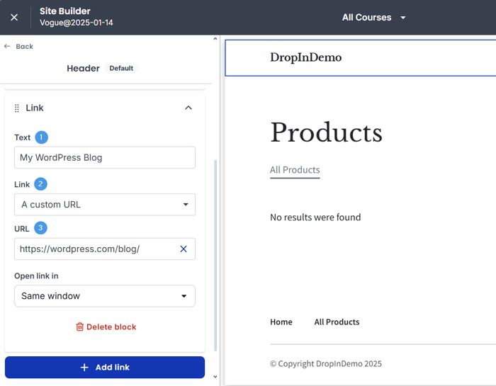 Thinkific header link settings: Add new link