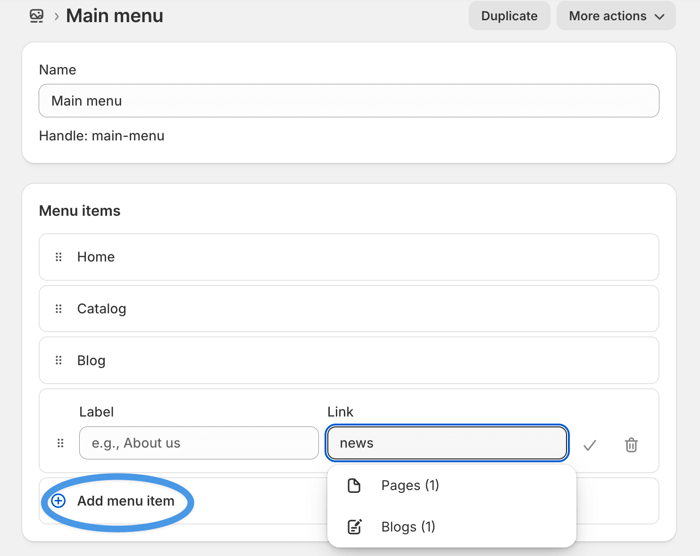 Add menu item in Shopify