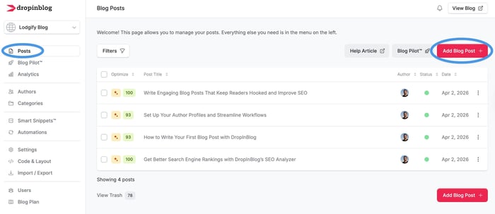Creating a new blog post in DropInBlog
