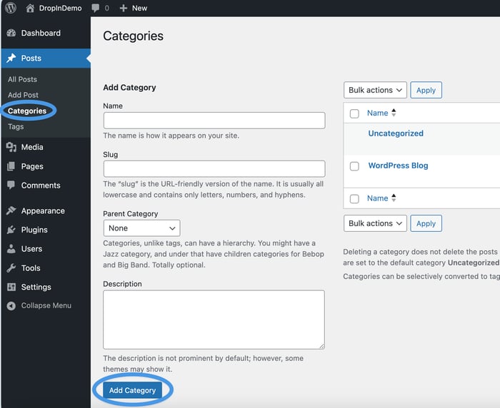 Adding a new category in WordPress