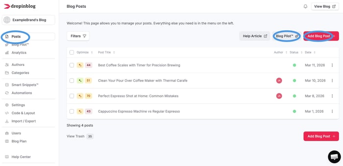Add new blog posts in DropInBlog