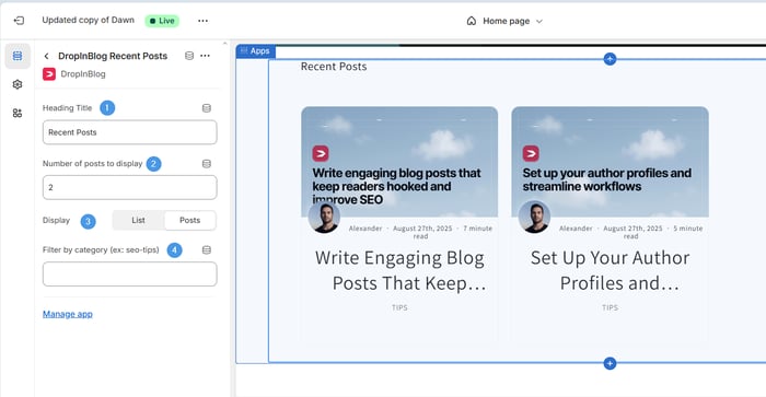 Customizing DropInBlog's Recent Posts section