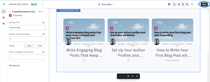 Save changes made to the DropInBlog Recent Posts