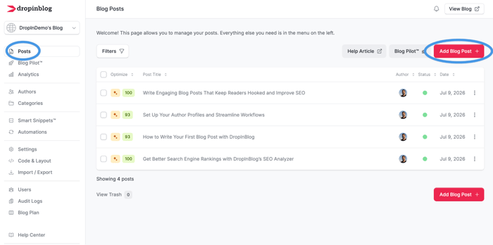 Adding a new blog post from the DropInBlog dashboard
