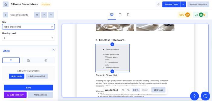 Adding a table of content from within Bloggle's content editor