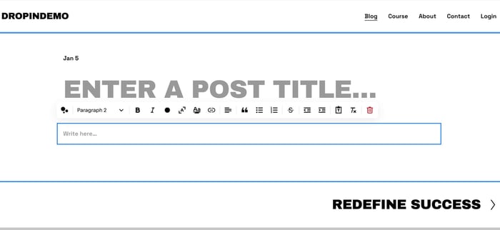 Native Squarespace blog: Content editing area