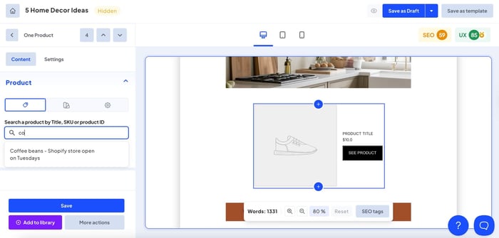 Adding products to a blog post in Bloggle